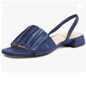 FYS Navy Square Open Toe Slingback Sandals Pleated One Band Low Block Heels Shoe